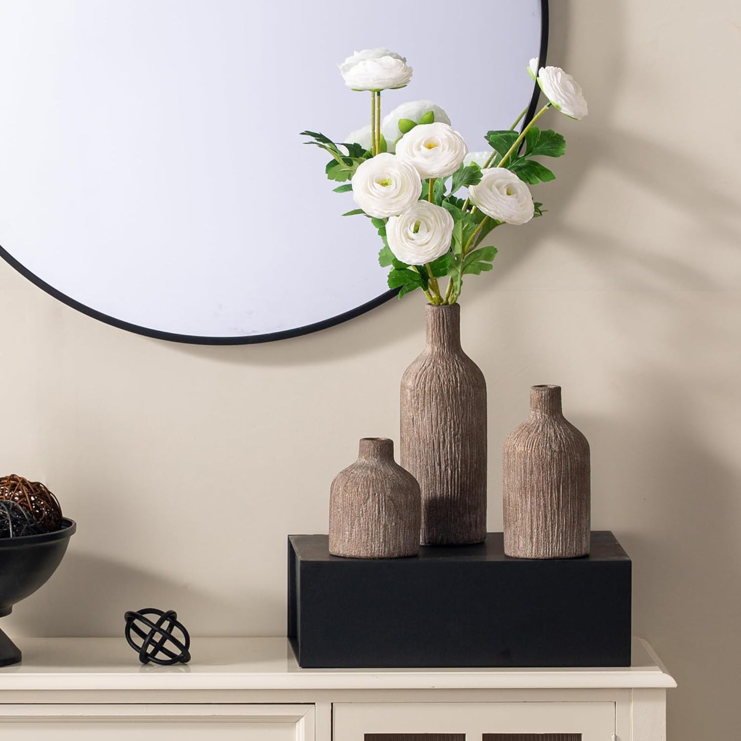 Ceramic Vase Home Table Decor - Brown Flower Vase Set of 3 Living Room Kitchen Decorations Farmhouse Modern Rustic Vases Decorative Centerpiece for Shelf Bedroom Office Bathroom Dining Coffee Desk