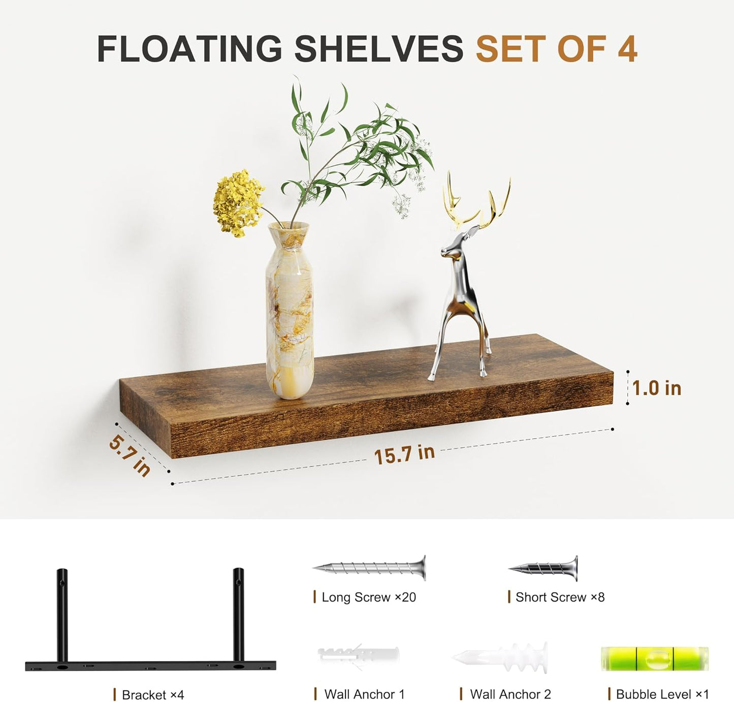 Bellsal Rustic Brown Wood Wall Shelf Set of 4, 16" Floating Shelves for Kitchen