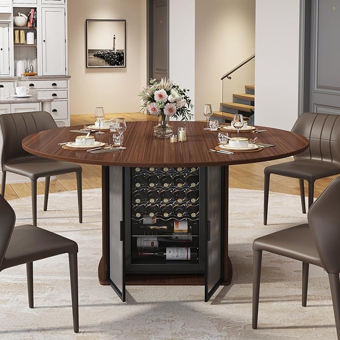 IBF 47" Round Dining Table with Fridge Storage Space, Circle Kitchen Table for 4 to 6 People, Dining Room Tables with Adjustable Shelf, Wood Dinner Tables for Home Kitchen, Walnut (Only Table)