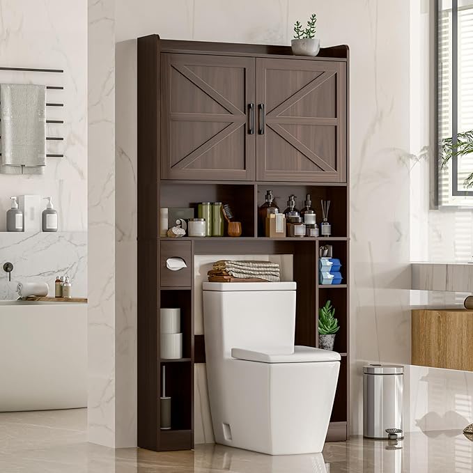 Over The Toilet Storage Cabinet, Farmhouse Toilet Cabinet Rack with Barn Doors, Space Saving Bathroom Organizer with Shelves, Toilet Paper Holder and Towel Rack for Bathroom,Restroom,Laundry,Espresso