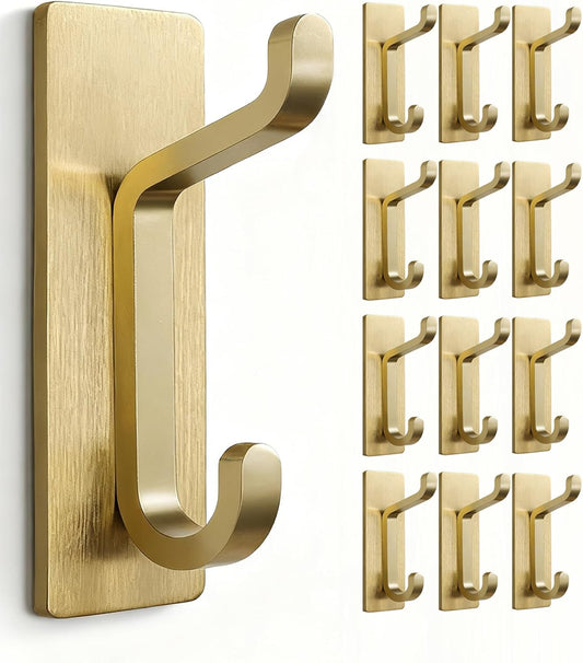 pickpiff Wall Hooks for Coat and Towel: 13LB Adhesive Door Hanger Stick on, Brushed Gold