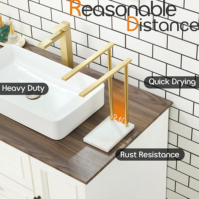 Hand Towel Bars for Bathroom Vanity Countertop 2-Tier Towel Rack Holders Stand with Heavy Marble Base Thicken Steady, Brushed Gold Stainless Steel AN7003GD