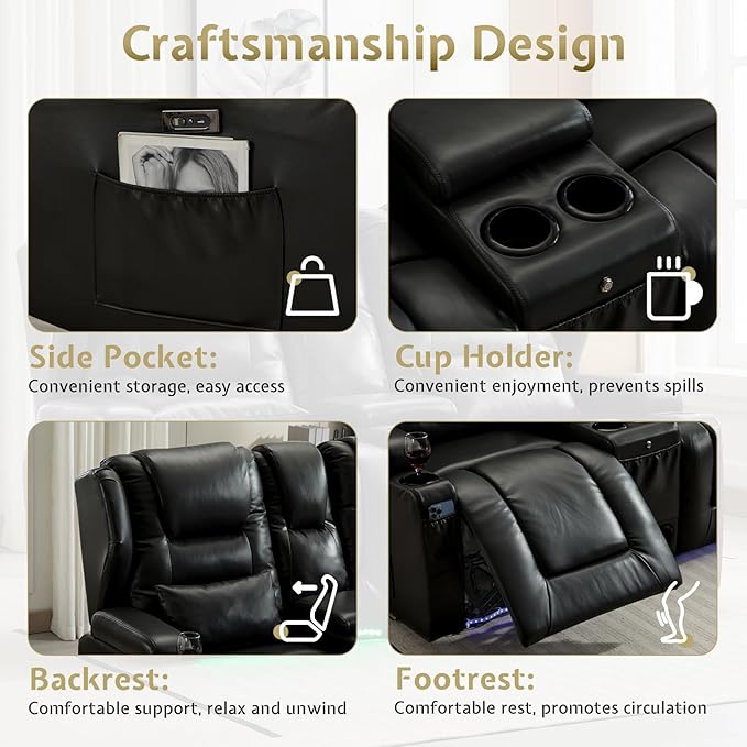 SAMERY Power Loveseat Recliner Sofa with Adjustable Split Back, USB Charging, Bluetooth Speakers & LED Lighting – Home Theater Seating with Storage, Cup Holders, Black Faux Leather Loveseat Recliner