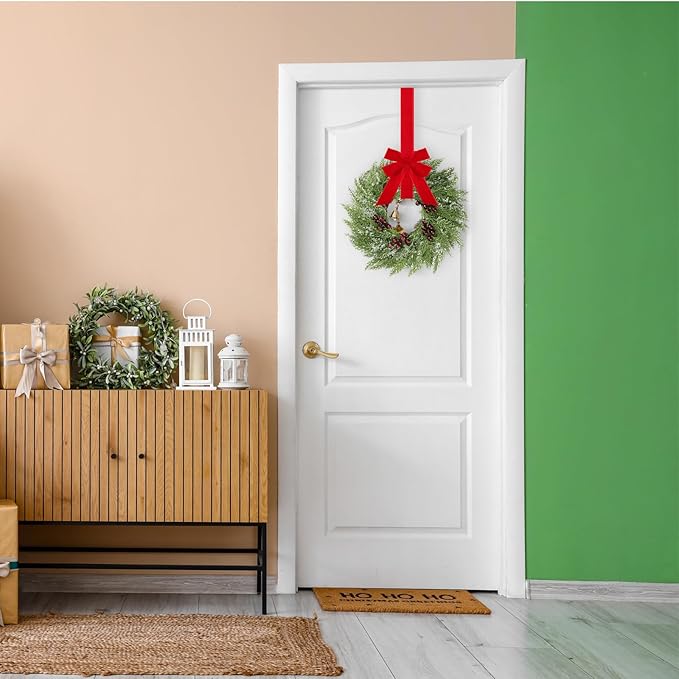 4 Pcs Small Christmas Norfolk Wreaths 15 Inch Christmas Kitchen Cabinet Mini Wreath Real Touch with Bow Ribbon Cedar Red Berry for Xmas Front Door Window Chair Fireplace Table Pillar Farmhouse Decor