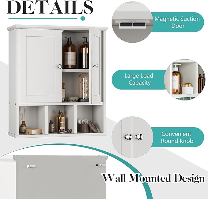 Meilocar Bathroom Wall Cabinet, Bathroom Cabinet Wall Mount with 2 Doors and 3 Open Shelves, Over The Toilet Wood Medicine Cabinets, White