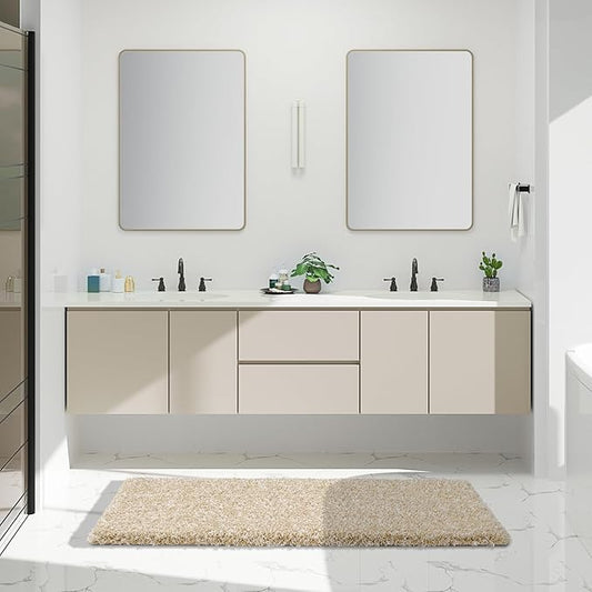 Yimobra Luxury Bathroom Rugs, Fluffy Bath Mats, Non Slip, Water Absorbent Microfiber, Machine Washable, Plush Runner Shower Rugs, Thick Matts for Bathroom Floor/Tub, 60"x 24", Light Beige and White