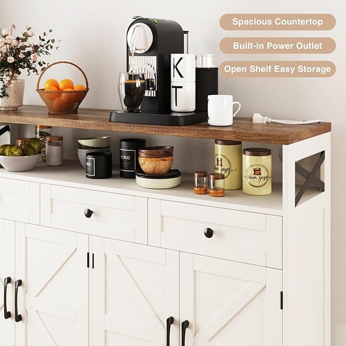 51" Farmhouse Buffet Sideboard Cabinet with Storage, White Kitchen Storage Pantry Cabinet with Drawers, Wood Cupboard Hutch, Coffee Bar Station Table for Kitchen, Living Room, Dining Room