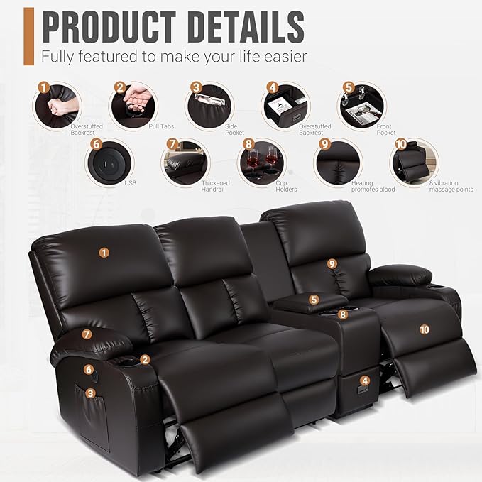 Home Theater Seating,RV Recliner Sofa with Massage and Heat,RV Manual Recliner Loveseat with USB/Cup Holders and Side Pocket for Living Room,3 Loveseat Brown