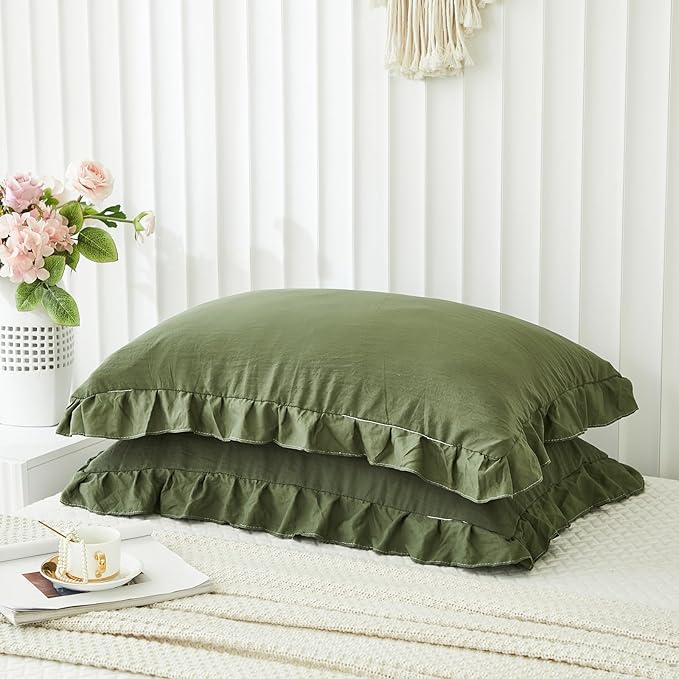 Merryword Olive Green Pillow Shams Standard Pillowcases 20x26inch Dark Green Ruffle Cute Pillow Cover Set of 2 Shabby Chic Soft Microfiber
