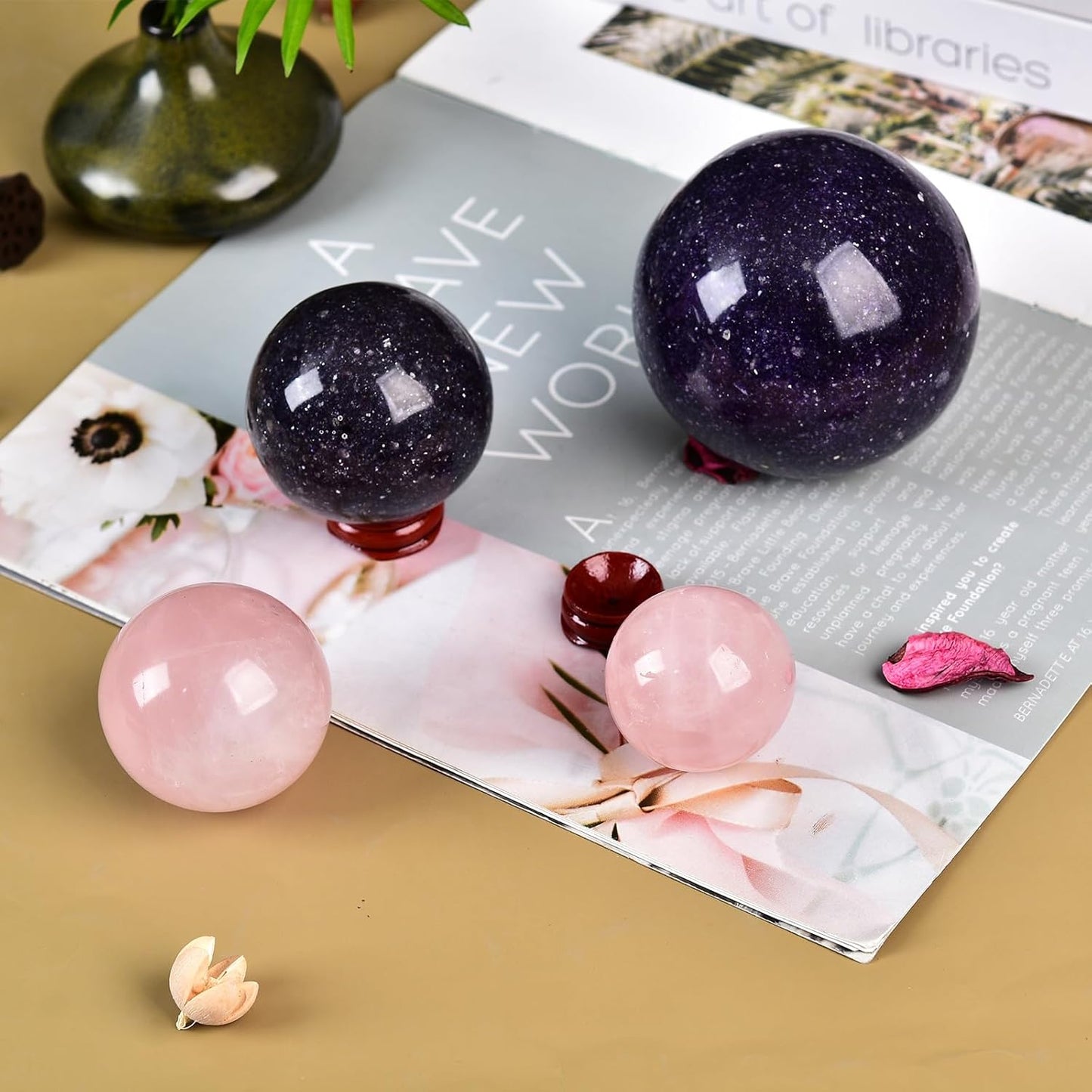 JIC Gem Natural Pink Rose Quartz Ball Sphere with Base,Class 1，5-6cm