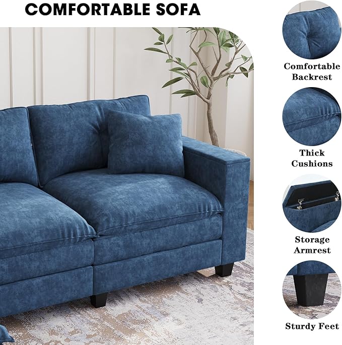 137",U Shaped Couch,Modern Modular Sectional Sofa, 4-Seater Comfy Cloud Couch with Two Movable Ottoman & Throw Pillows for Living Room, Bedroom and Apartment, Dark Blue