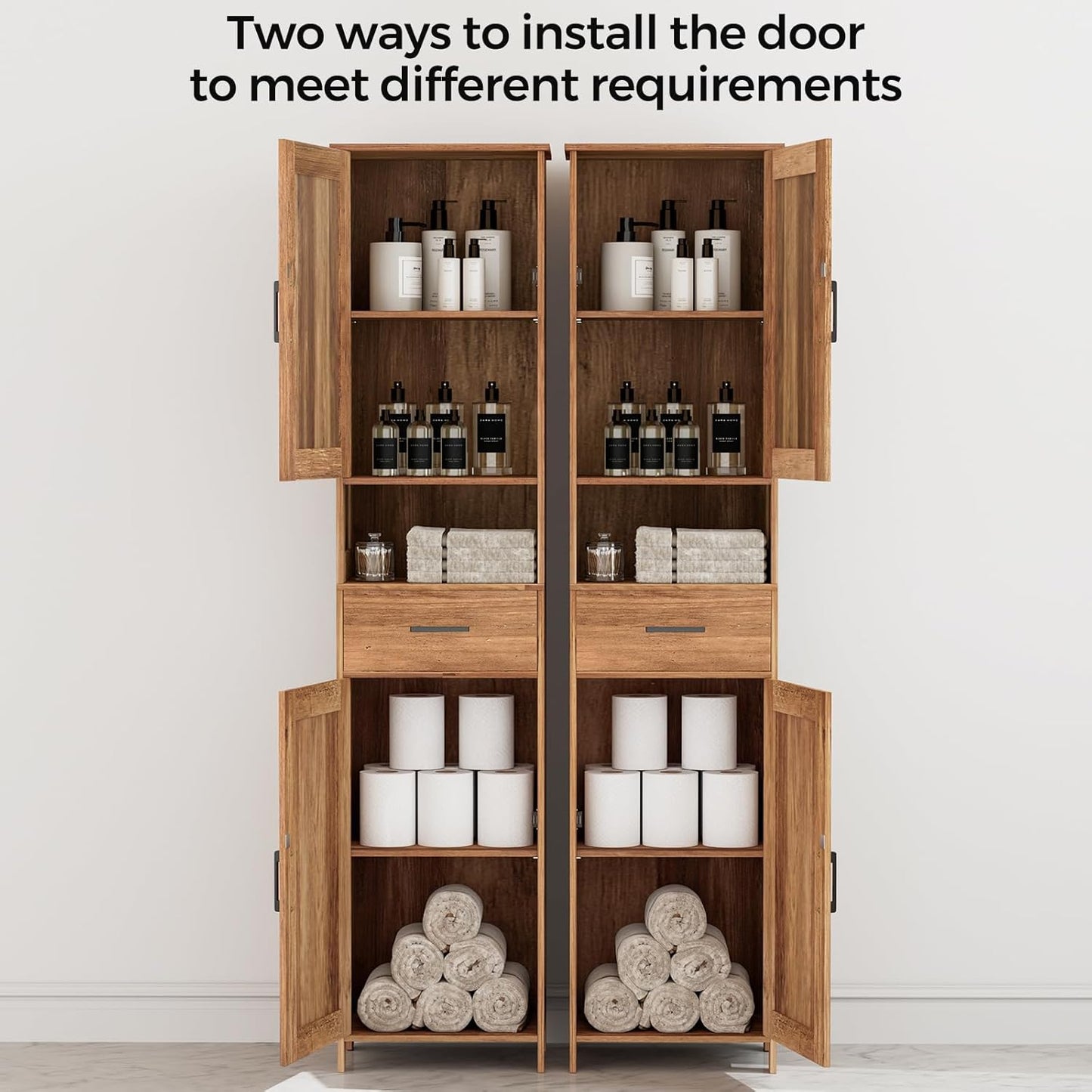 Homhedy 67" H Tall Bathroom Storage Cabinet with 2 Barn Doors and 1 Drawer, Narrow Storage Unit, Adjustable Shelves, Floor Cabinet for Bathroom, Living Room, Entryway, Kitchen, Rustic Walnut, (15.7"W)