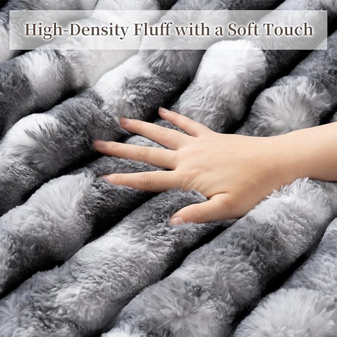 Throw Blanket for Couch - 108" x 90" Faux Rabbit Fur Throw Blanket Cozy Soft Warm Blankets for Bed Sofa Bedroom Living Room Fluffy Striped Blankets for Fall Winter, Home Decor, Grey