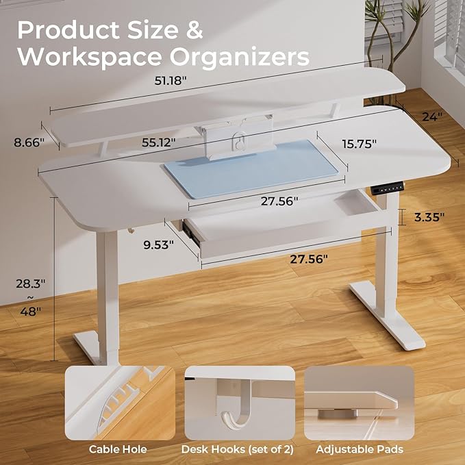 COMHOMA Electric Standing Desk with Drawers, 55 x 24 Inch Sit Stand up Desk with Monitor Stand, Laptop Stand, Height Adjustable Ergonomic Home Office Computer Desks with Memory Preset Controller