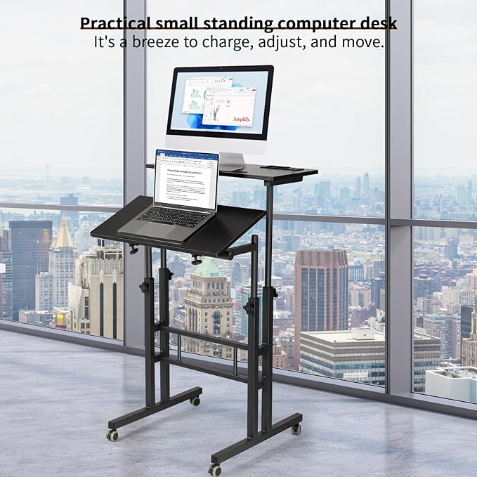 Hadulcet Mobile Standing Desk with Charging Station, Adjustable Standing Computer Desk, Standing Adjustable Laptop Cart with Wheels for Home Office Classroom Black