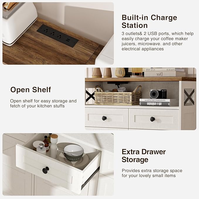 31.5" White Storage Cabinet with Doors and Drawers, Farmhouse Sideboard Buffet Cabinet with Storage, Kitchen Pantry Hutch, Coffee Bar Table Station for Kitchen, Livingroom, Dining Room