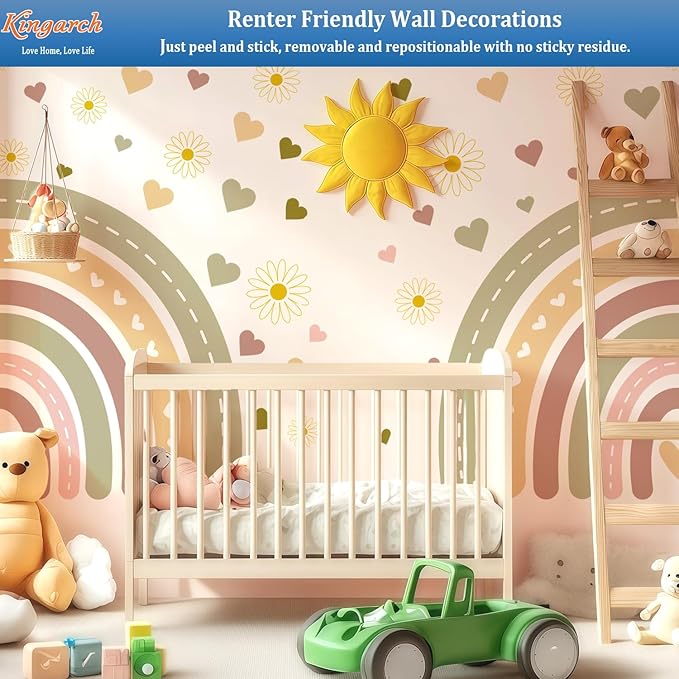Large Boho Rainbow Wall Decals, Hearts Flowers Peel and Stick Fabric Nursery Wall Decor, Removable Home Room Wall Decor Murals Stickers for Kids Girls Toddler Bedroom Living Room Playroom