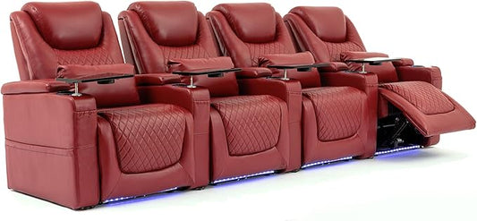 Home Theater Seating Seats, Theater Recliner Chair Sofa Game Movie Theater Chairs with 7 Colors Ambient Lighting, Lumbar Pillow, Side Pocket, Tray Table, Power Recline, Red