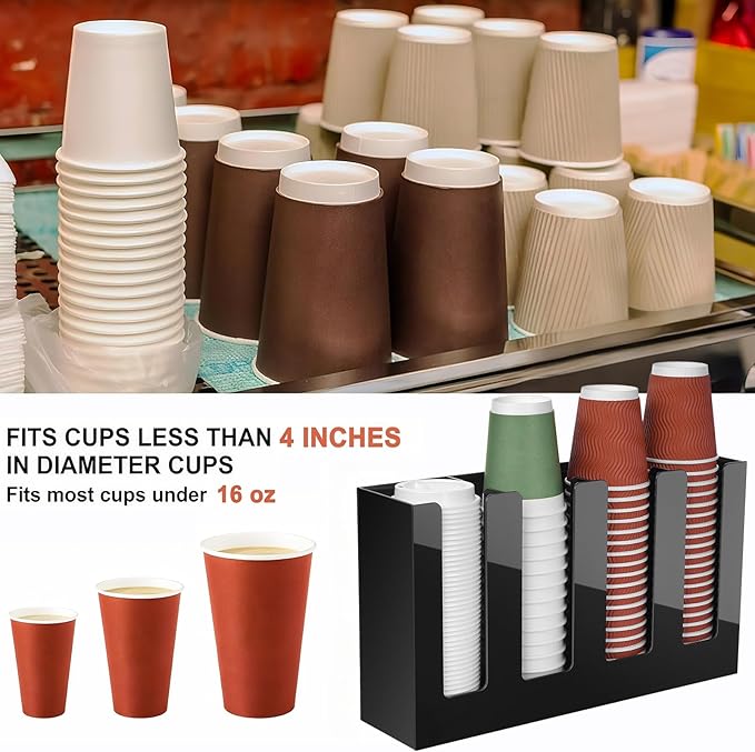 MYITYARD Coffee Cup Holder, Cup and Lid Organizer fits 5 to 16 oz Disposable Paper & Plastic Cups, Cup Dispenser Countertop, Acrylic Cup Storage for Home, Kitchen, Office (4 Compartment)