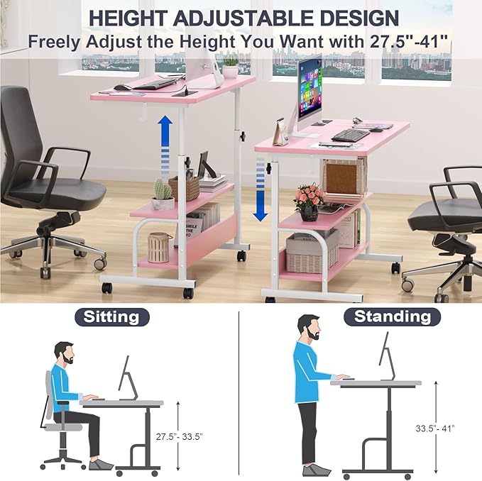 Armocity Height Adjustable Standing Desk with Power Outlets, 32" Manual Stand Up Desk with Storage Shelves Small Mobile Rolling Computer Desk Portable Laptop Table with Wheels for Home Office, Pink
