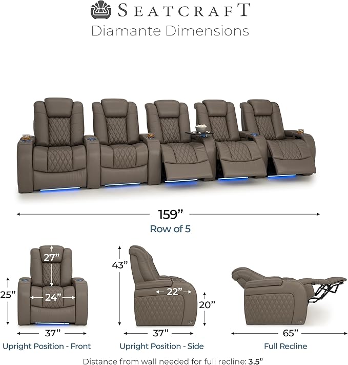 Seatcraft Diamante Zero-Gravity CoolZero Italian Leather Home Theater Seating, Power Headrest, Power Recline, Row of 5, Gray