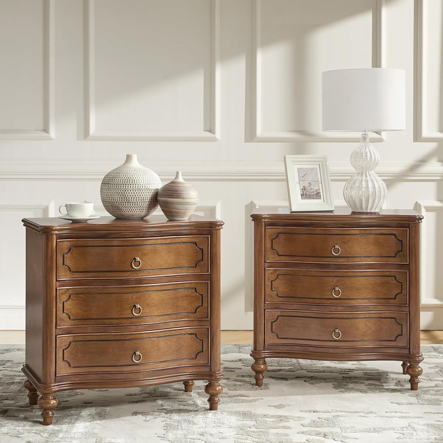 HULALA HOME Wood Nightstands Set of 2 with Charging Station for Bedroom, 3 Drawers Traditional Nightstands, Side Table with Solid Wood Legs, USB Ports & Three-Prong Plugs, SEADRIFT