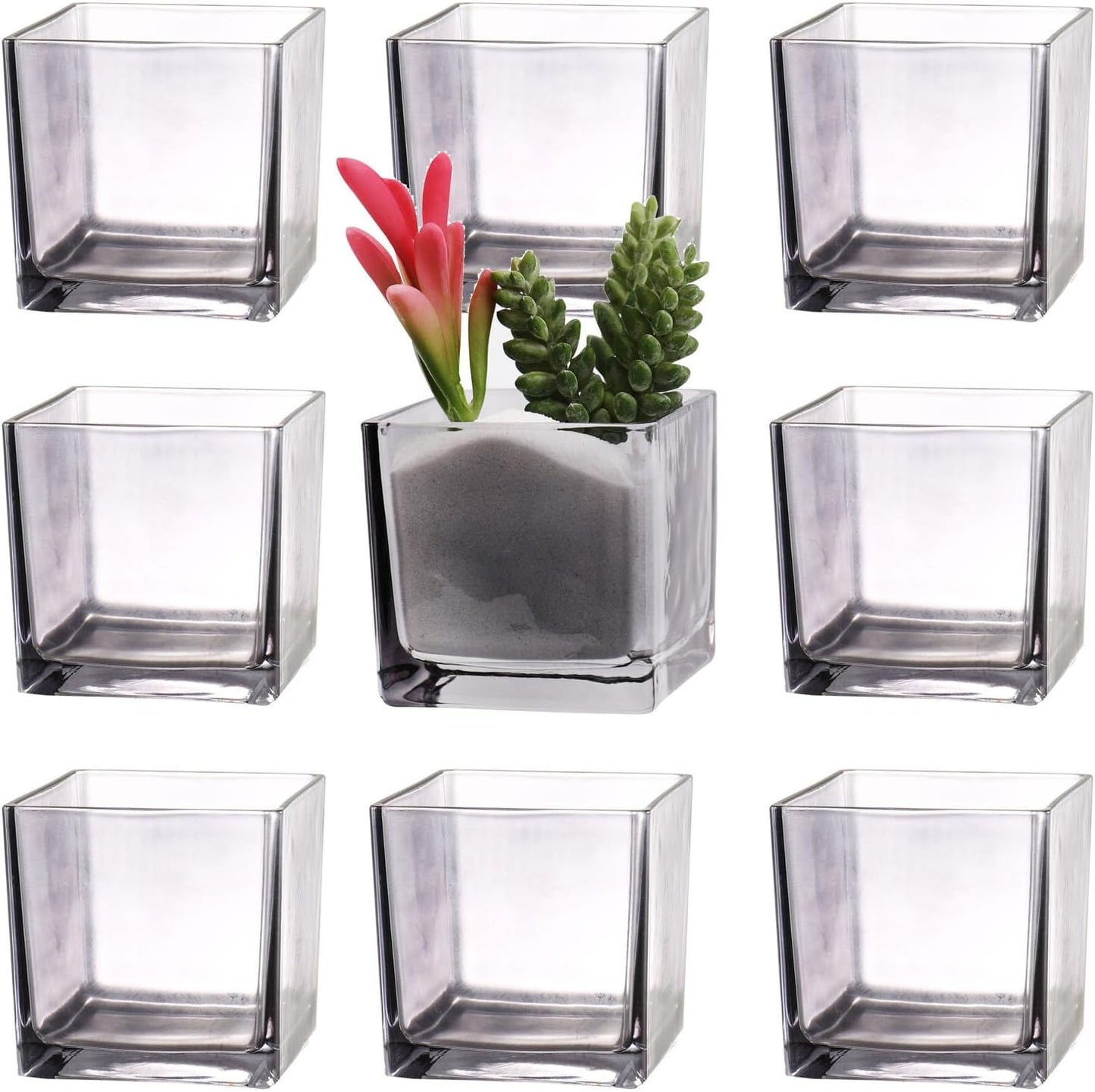 Square Flower Vases Set of 9, 3"x 3"x 3" Glass Vases for Centerpieces, Grey Vase for Flowers, Small Vase for Wedding, Party, Home Office Decoration
