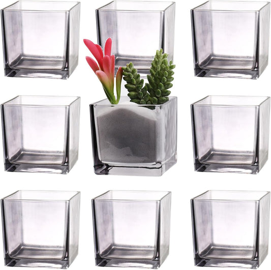 Square Flower Vases Set of 9, 3"x 3"x 3" Glass Vases for Centerpieces, Grey Vase for Flowers, Small Vase for Wedding, Party, Home Office Decoration