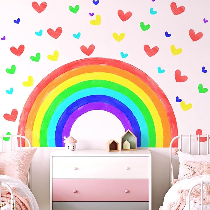 Large Watercolor Rainbow Wall Decals, Hearts Peel and Stick Fabric Nursery Wall Decor, Removable Home Room Wall Decor Murals Stickers for Kids Girls Toddler Bedroom Living Room Playroom