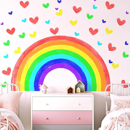 Large Watercolor Rainbow Wall Decals, Hearts Peel and Stick Fabric Nursery Wall Decor, Removable Home Room Wall Decor Murals Stickers for Kids Girls Toddler Bedroom Living Room Playroom