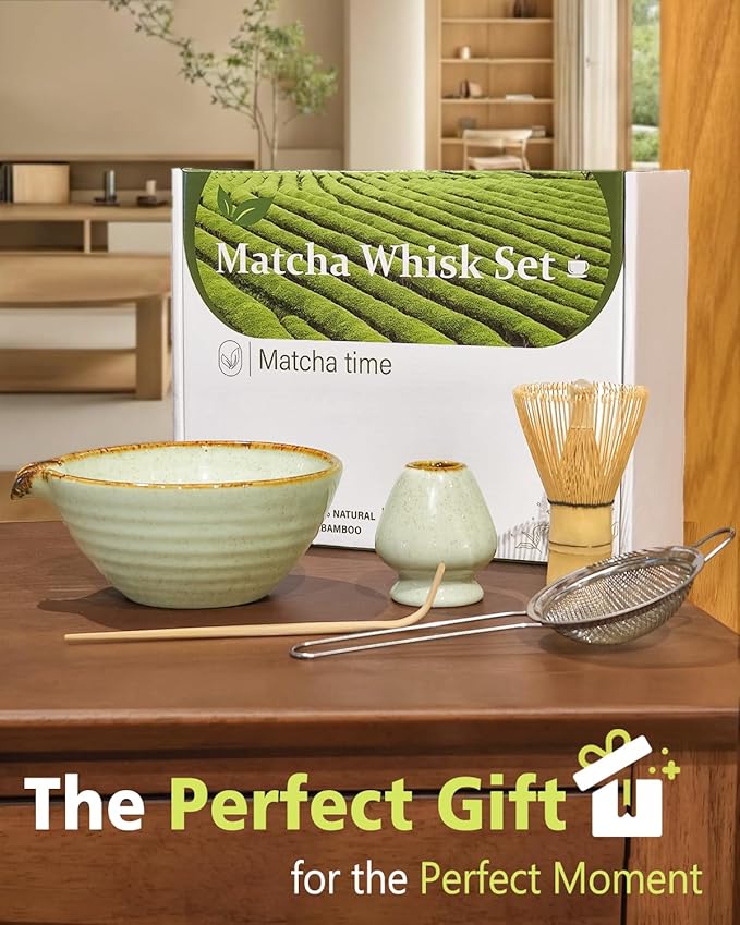 Matcha Whisk Set with Matcha Bowl, Matcha Whisk Holder Matcha Bamboo Whisk, Scoop, Sifter, Unique Gifts for Women Men Girl Friend Home Kitchen Decor Gifts for Tea Enthusiasts Christmas