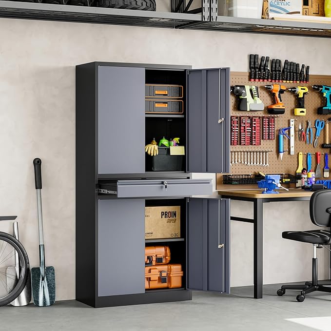 Yizosh Metal Garage Storage Cabinet with Locking Doors and Adjustable Shelves, 71" Steel Tool Storage Cabinet with 1 Drawer for Garage,Office,Warehouse (Gray Black)