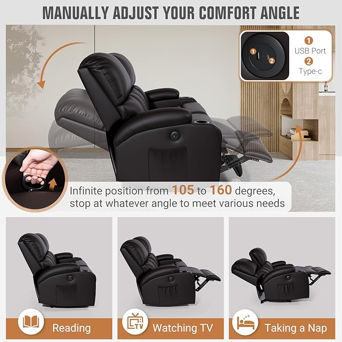 Home Theater Seating,RV Recliner Sofa with Massage and Heat,Manual RV Recliner Loveseat with USB/Cup Holders and Side Pocket for Living Room,3 Seater Brown