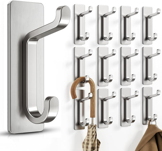 Self Adhesive Wall Hooks for Hanging: Extra Strong 13 LB, Hook for Coat, Towel in Bathrooms, Shower, Kitchen, Wall, Door Hook, Nickel Silver 12 Pack