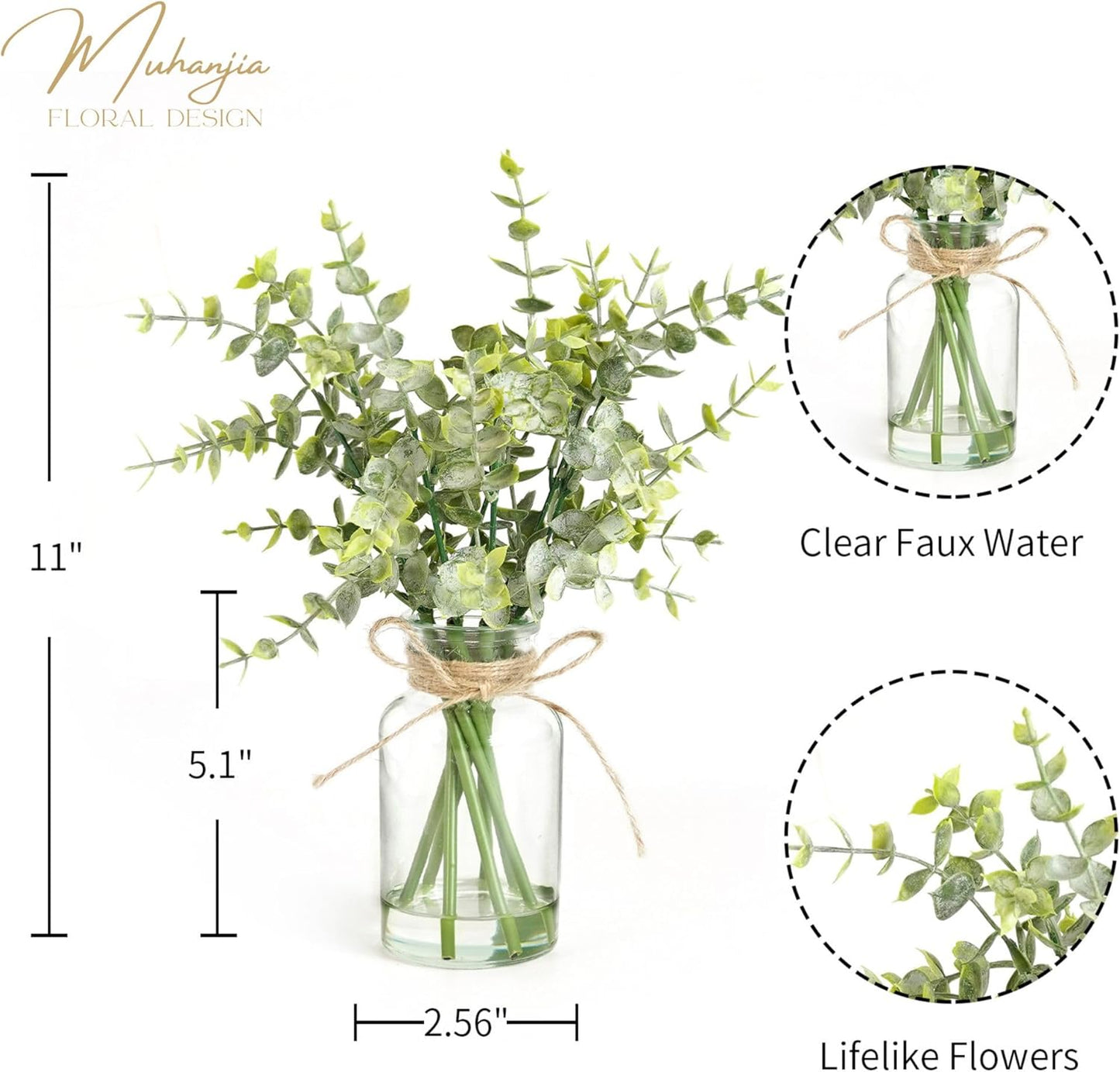 Artificial Eucalyptus Stems in Glass Vase with Faux Water,7Pcs Fake Plant for Centerpiece Bathroom Farmhouse Room Home Decor (Sage Green Eucalyptus)