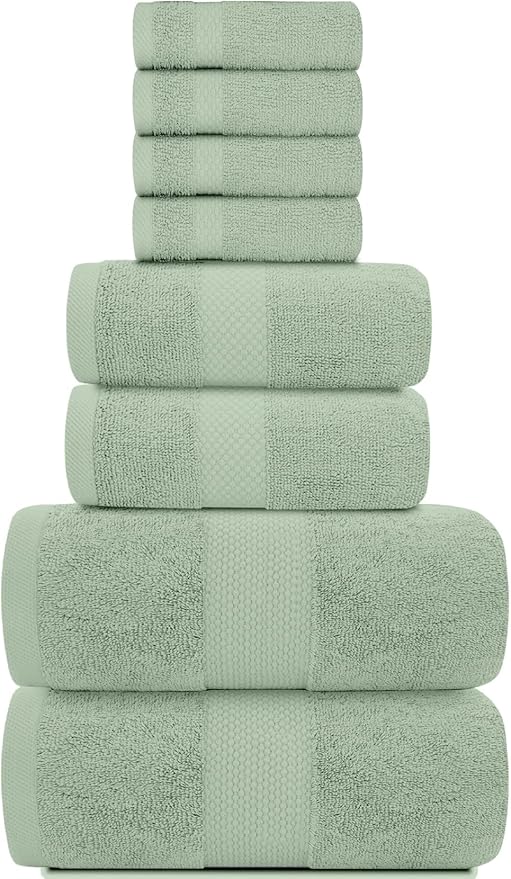White Classic Luxury Bath Towel Set of 8 Pieces - 100% Turkish Cotton Highly Absorbent Towels for Bathroom, 2 Luxury Bath Towels 700GSM, 2 Hand Towels, 4 Washcloths, Green