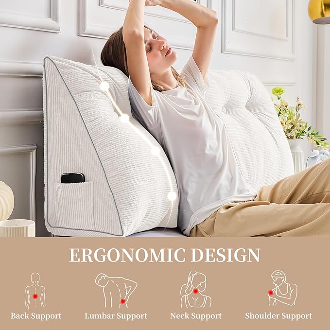 Sasttie Headboard Pillow King, Wedge Pillow Headboard for Sitting Up in Bed, Back-Rest Support Triangular Cushion for Reading - Features Removable Washable Cover, White