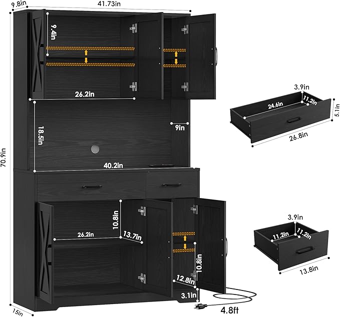 HOSTACK 71" Pantry Cabinet with Charging Station, Tall Kitchen Pantry Storage Cabinet with Microwave Stand, Farmhouse Kitchen Hutch with Storage Drawers for Living Room, Dining Room, Black Wood Grain