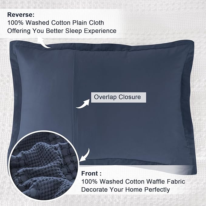 PHF 100% Cotton Ruffle Waffle Pillow Shams Standard Size, 2 Pack 20" x 26" Soft Skin-Friendly Pillowcases, No Filling, Aesthetic Home Decor, Breathable Waffle Weave Bed Pillow Covers, Dark Navy