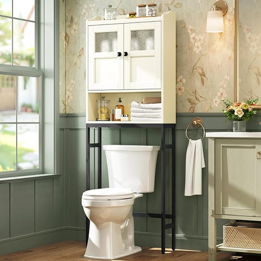Over The Toilet Storage Cabinet, Above Toilet Bathroom Storage Cabinet with Double Doors and Soft Hinges Over Toilet Storage Shelf Over Toilet Bathroom Organizer (Cream White)
