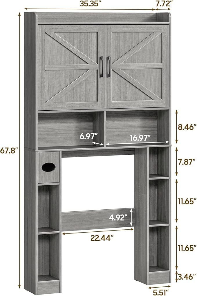 Over The Toilet Storage Cabinet, Farmhouse Toilet Cabinet Rack with Barn Doors, Space Saving Bathroom Organizer with Shelves, Toilet Paper Holder and Towel Rack for Bathroom,Restroom,Laundry,Wash Grey
