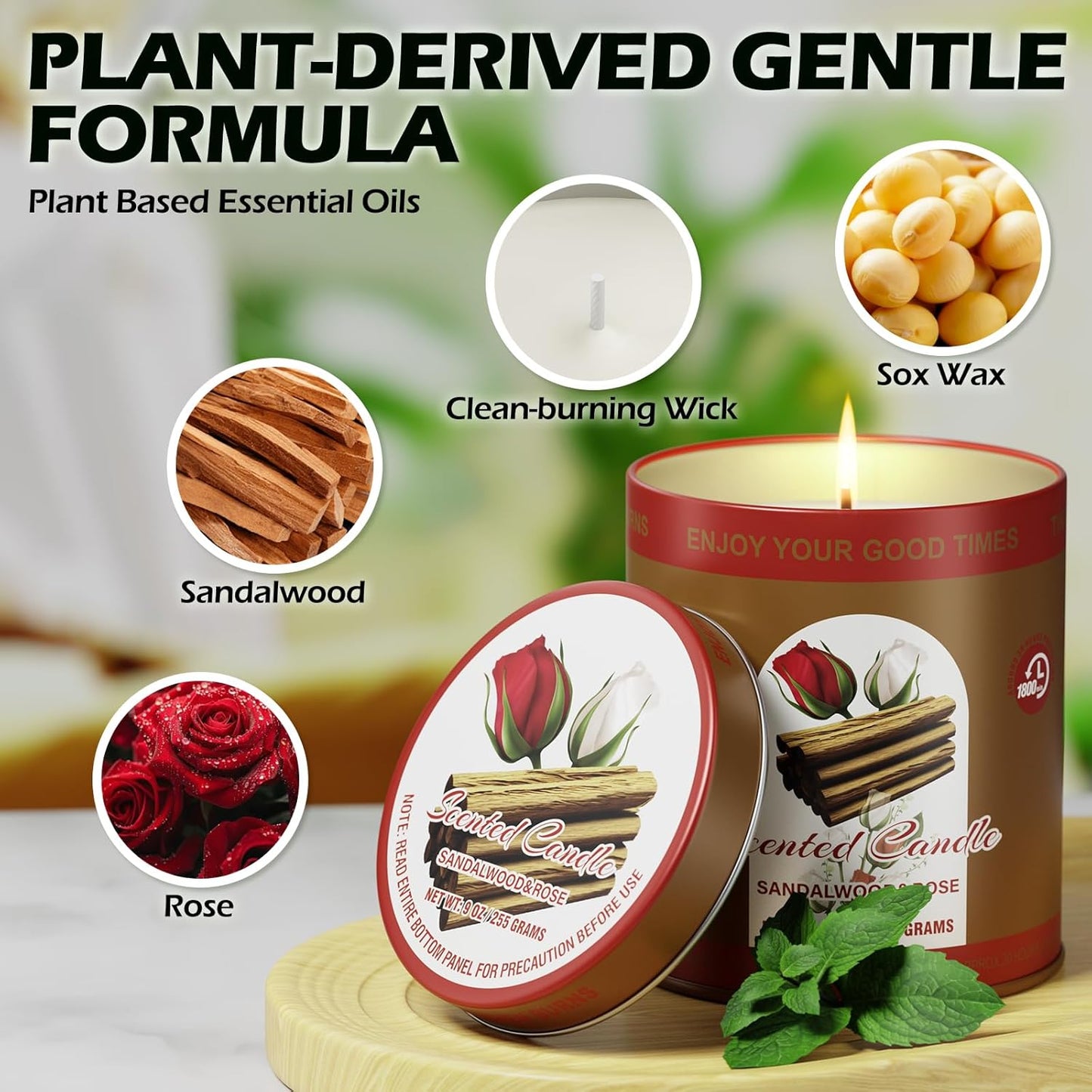 Sandalwood & Rose Scented Candles Gift Set | 2 Pack,8% Essential Oils,80-Hour Clean Burn Smoke-Free | Tin Jar Soy Wax Aromatherapy Candles Relaxation Meditation for Home Birthday Gifts for Men & Women