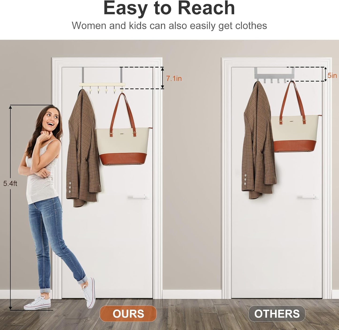 TOPIA HANGER Over The Door Hooks for Hanging, Towel Hooks Towel Racks for Bathroom, Coat Hooks Coat Rack Over The Door Organizer Hanging, Wooden Door Hangers for Coat Towel Hat Purse CT72W - 2 Pack