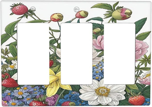 Spring Watercolor Flower Plant Strawberry Peony Floral Light Switch Covers 3 Gang Rocker Decorative Triple Outlet Wall Plate Cover Switchplate Electrical GFCI for Bedroom living Room Decor