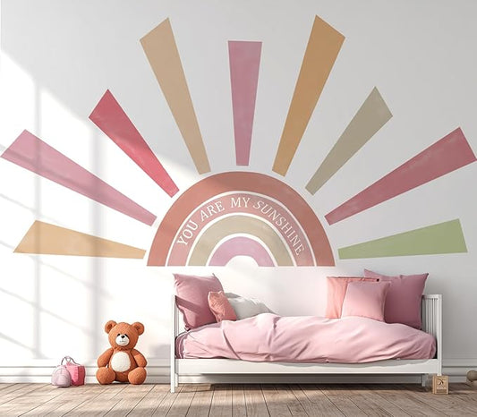 Large Rainbow Sun Wall Decals, Inspirational Peel and Stick Fabric Nursery Wall Decor, Removable Home Room Wall Decor Murals Stickers for Kids Girls Toddler Bedroom Living Room Playroom