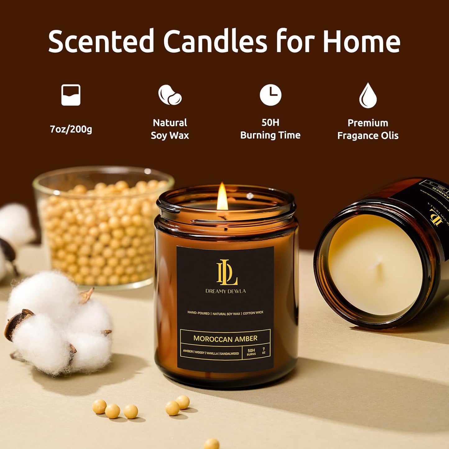 Moroccan Amber Scented Candles, Soy Candle for Home Scented, Candles Gift for Women Men, 7oz with 50 Hour Burn Time