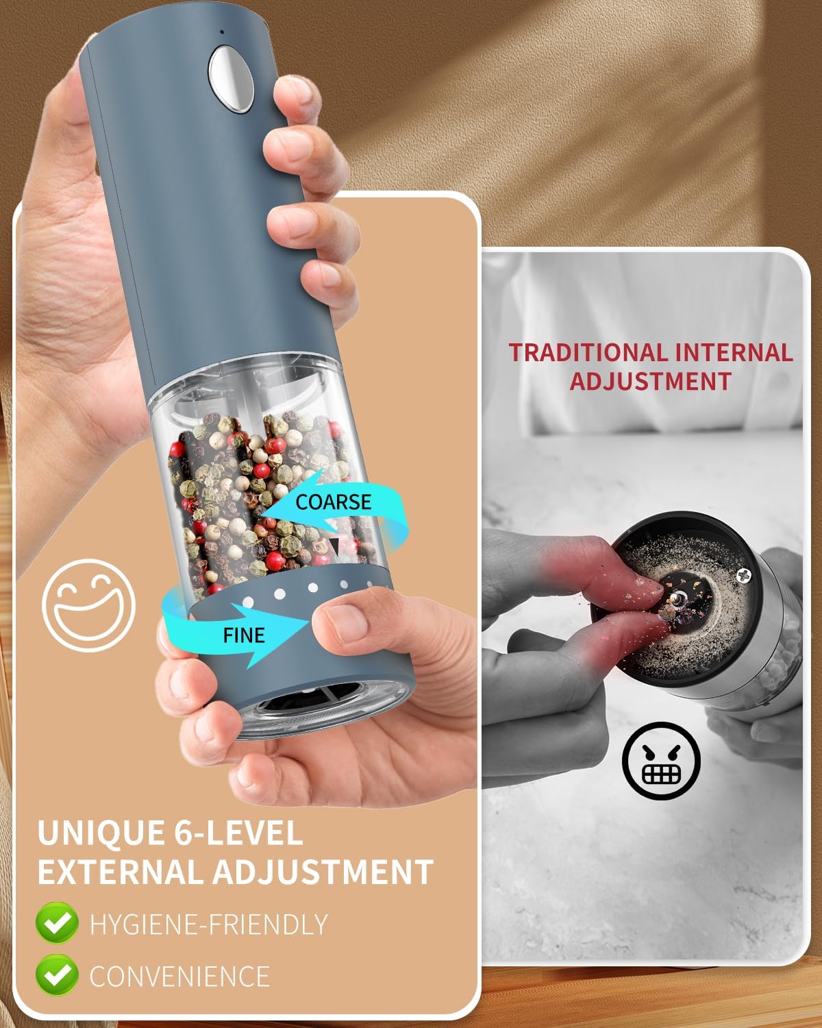 CIRCLE JOY Electric Salt and Pepper Grinder Set Automatic Salt and Pepper Grinder Set with Easy-to-Carry Charging Base and LED Light, Adjustable Coarseness, USB Rechargeable, Washable Container, Blue