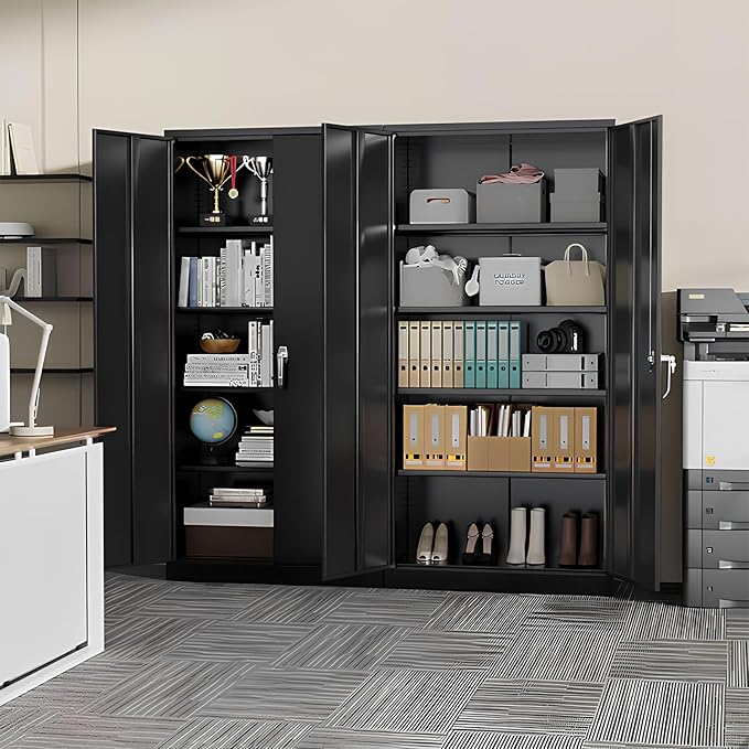 SUNCROWN 72" Metal Storage Cabinet - Heavy-Duty Metal Garage Cabinet with 4 Adjustable Shelves & 2 Doors for Tools, Office, Home, Workshop,Black