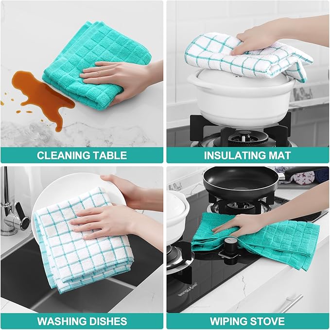 Homaxy Premium Cotton Kitchen Towels 16"x 28", Large Natural Ring Spun 390 GSM Dish Towels, Super Absorbent Terry Kitchen Hand Towels, Soft Tea Towel with Hanging Loop, Aqua Check Design, 6 Pack