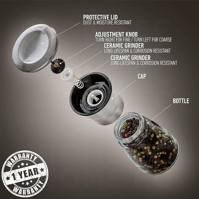 Home EC Original Stainless Steel Sea Salt and Pepper Grinder Set of 2 - Adjustable Ceramic - Glass Salt and Pepper Shakers - Kitchen Pepper Mill & Salt Mill W/Funnel & EBook